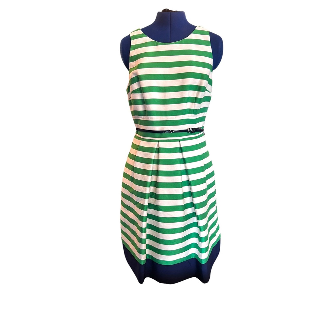 Eliza J Striped‎ Fit & Flare Dress Sleeveless Green White Belted Size 8